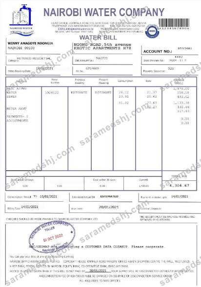 KENYA NAIROBI WATER utility bill Word and PDF template